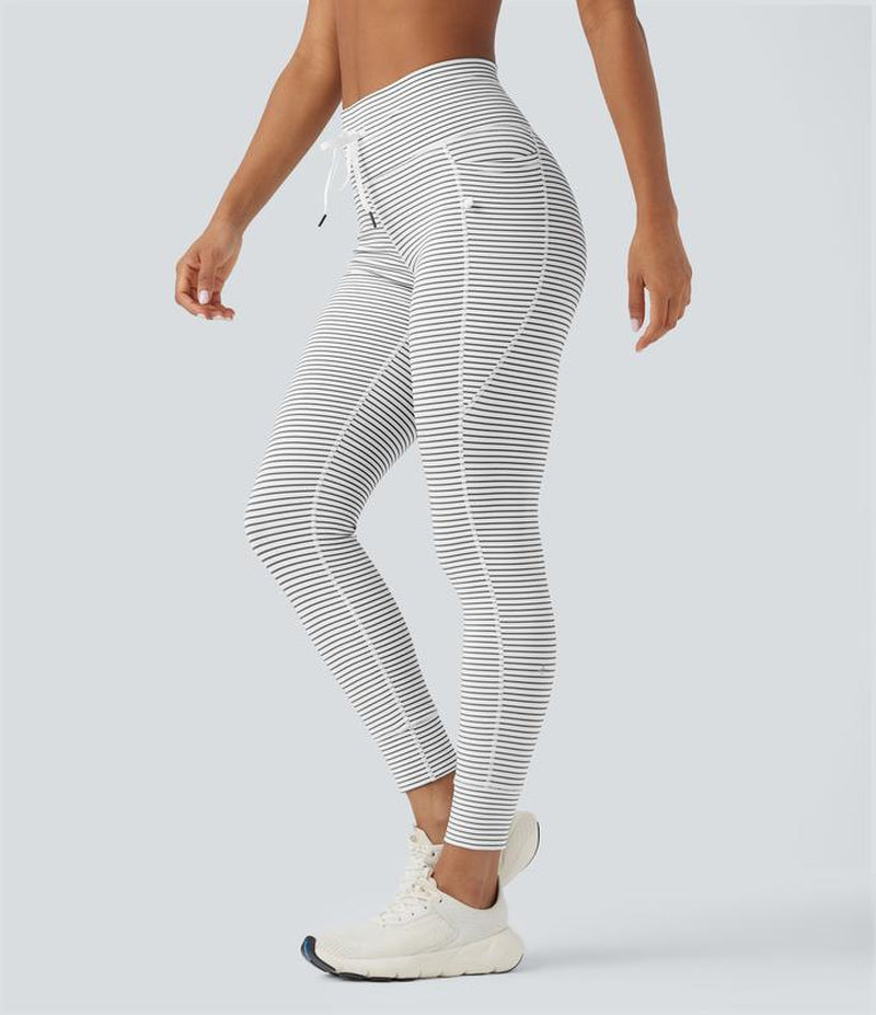 Halara 2-Piece Low Support U Neck Cut Out Stripe Yoga Sports Bra & High Waisted Drawstring Striped Yoga Pants with Pockets Set