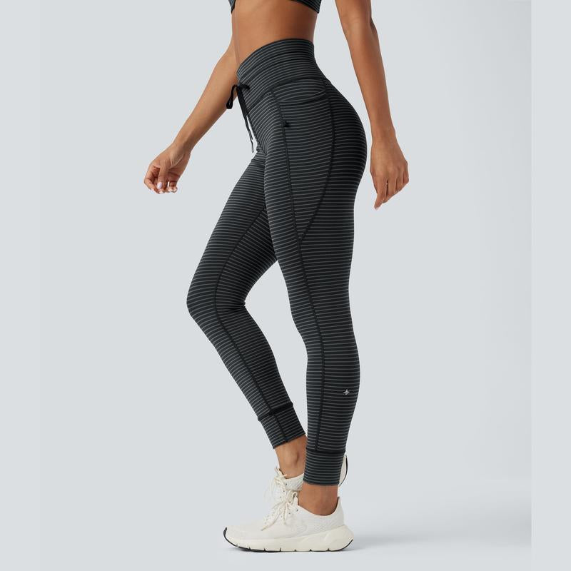 Halara 2-Piece Low Support U Neck Cut Out Stripe Yoga Sports Bra & High Waisted Drawstring Striped Yoga Pants with Pockets Set