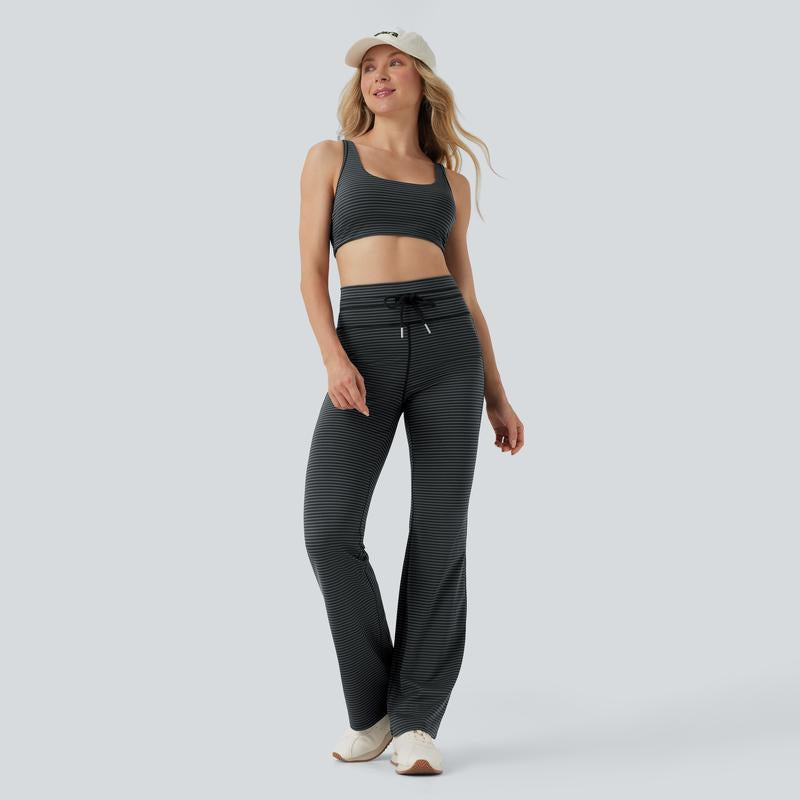 Halara 2-Piece Low Support U Neck Cut Out Stripe Yoga Sports Bra & High Waisted Drawstring Striped Yoga Pants with Pockets Set