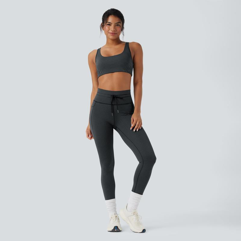 Halara 2-Piece Low Support U Neck Cut Out Stripe Yoga Sports Bra & High Waisted Drawstring Striped Yoga Pants with Pockets Set