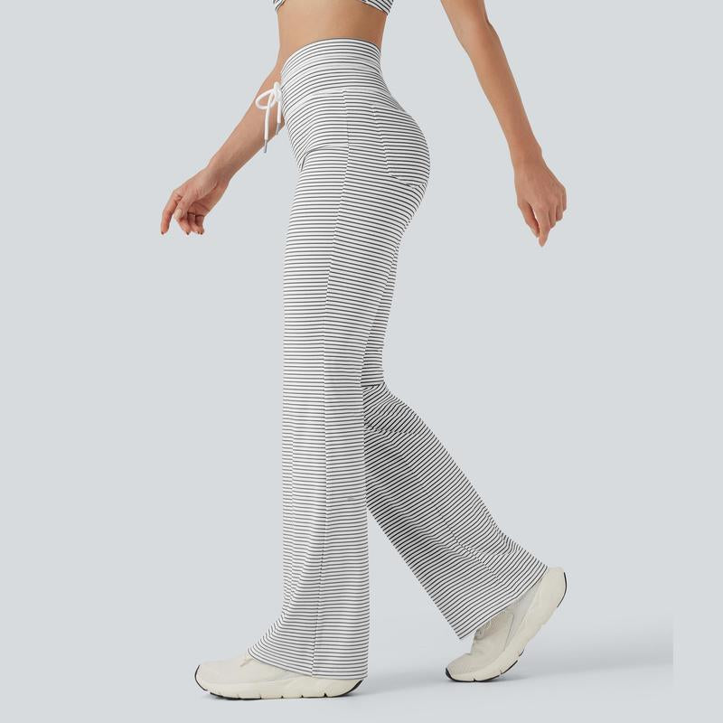 Halara 2-Piece Low Support U Neck Cut Out Stripe Yoga Sports Bra & High Waisted Drawstring Striped Yoga Pants with Pockets Set